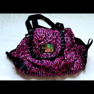 Hot Pink Leopard Print Betsey Johnson Betseyville rare satin purse with ribbons
